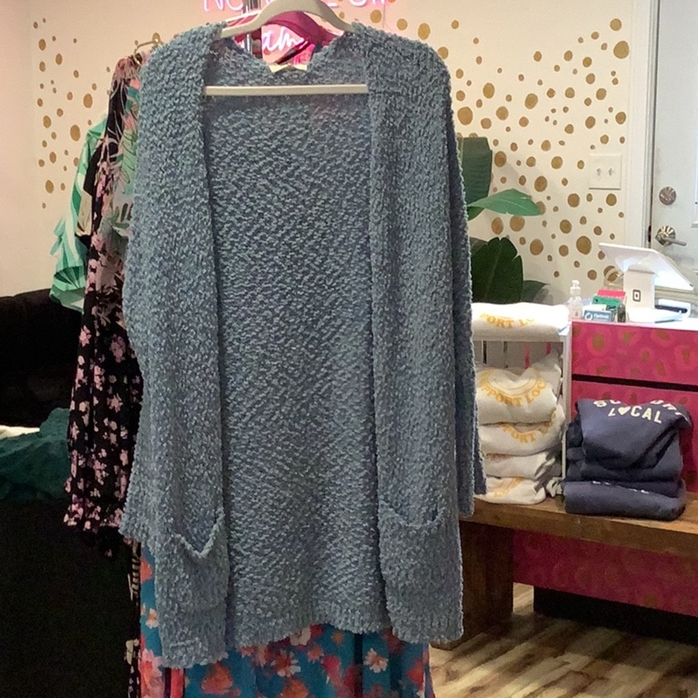 Light blue long sleeve, fuzzy cardigan